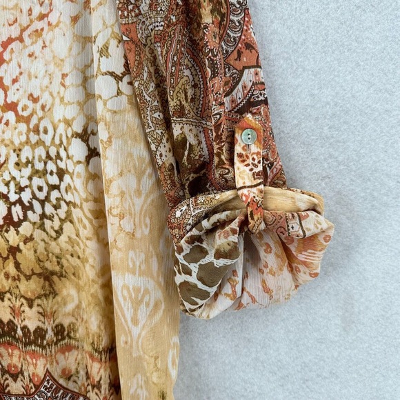 Chicos Tunic Top Women XL Asymmetrical Hem 3/4 Sleeve Leopard Roll‎ Tab Chiffon - Picture 5 of 16